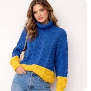 Merona | Blue Yellow Colorblock Cable Knit Sweater Cozy Chic